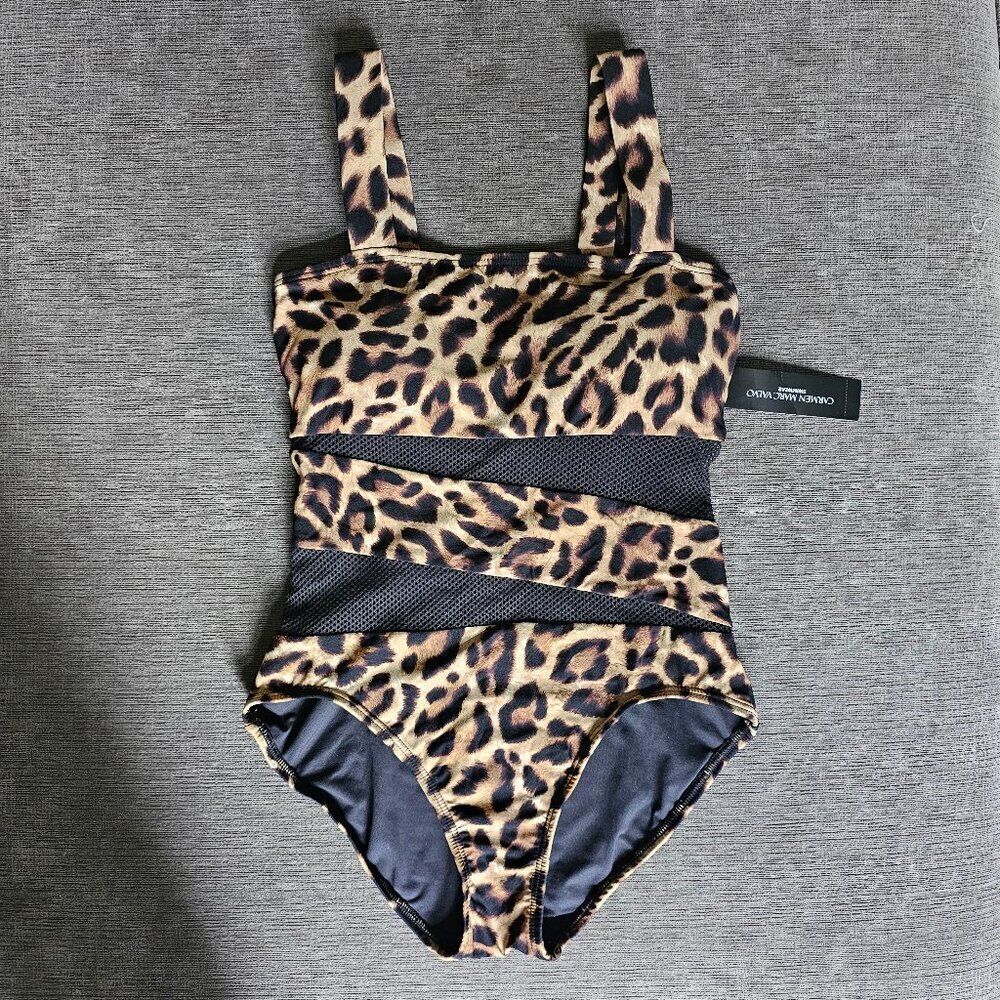 Carmen Marc Valvo Women's Thick Strap Cutout Mesh Leopard Print Swimsuit Size 10